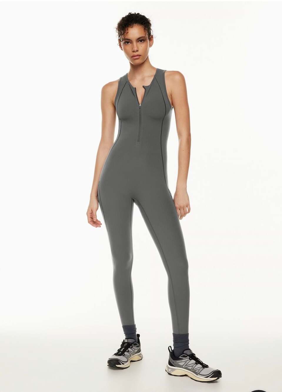 Aritzia Tna TnAction Life Seamless Zip Long Bodysuit Jumpsuit Charcoal Grey